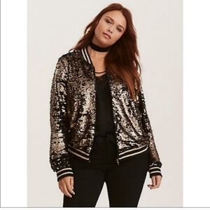 Torrid Sequin Bomber Jacket Black Gold Sparkly Party Statement Plus Size‎